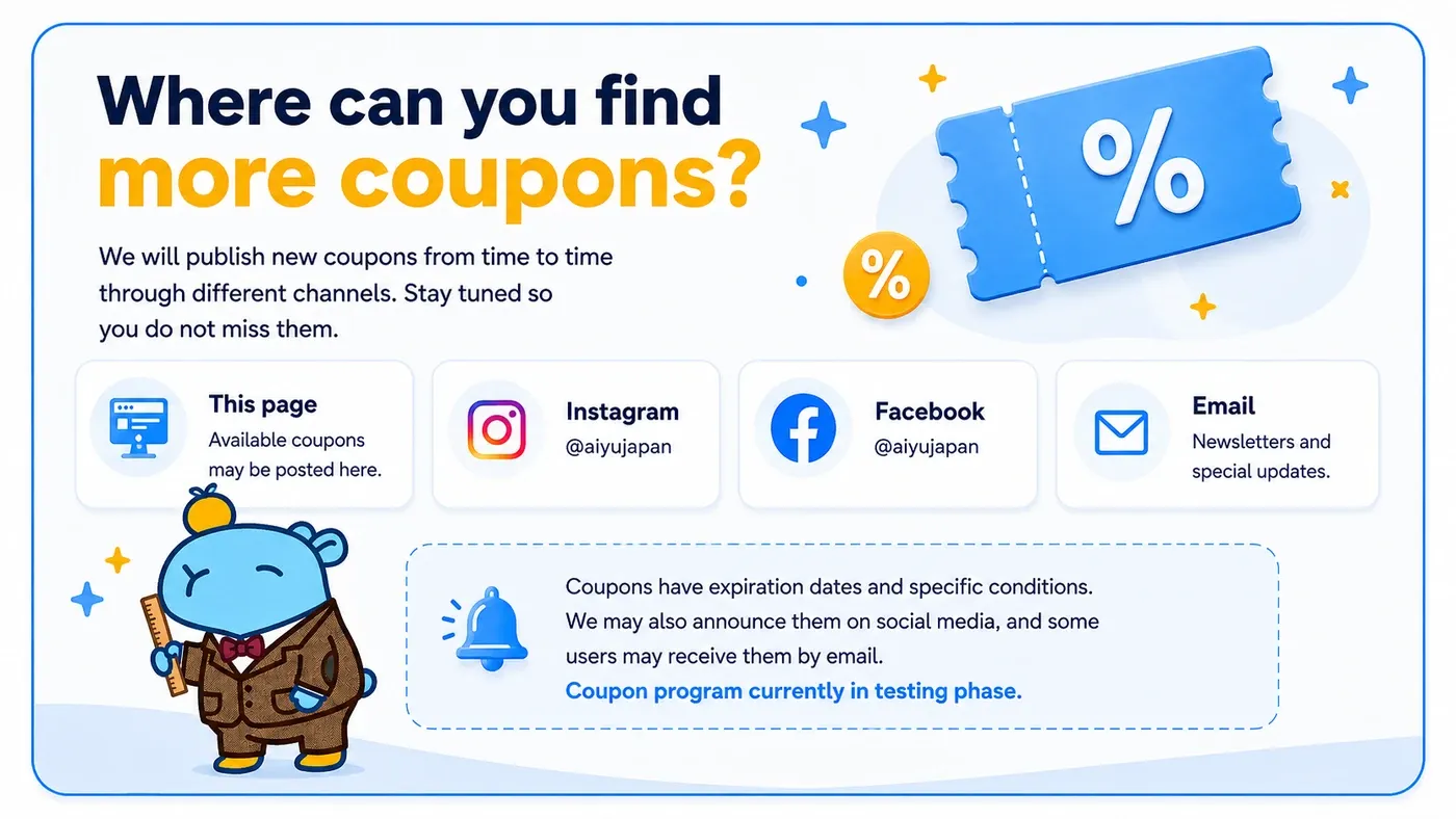 Where to find Aiyu Japan coupons: the coupon page, social media and email announcements