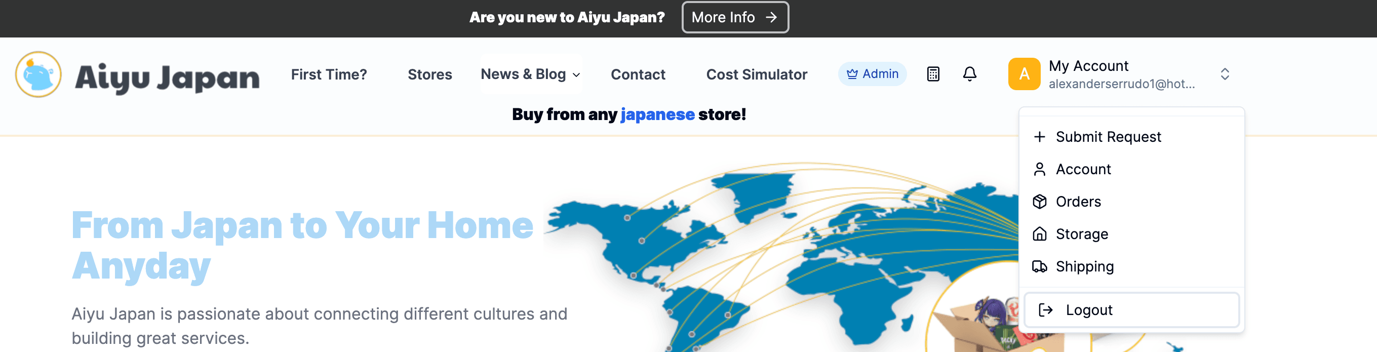 Aiyu Japan website screenshot featuring the My Account dropdown menu with options like orders and logout.