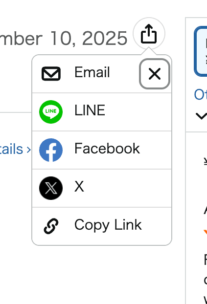 Sharing menu showing options like Email, LINE, Facebook, X, and Copy Link.