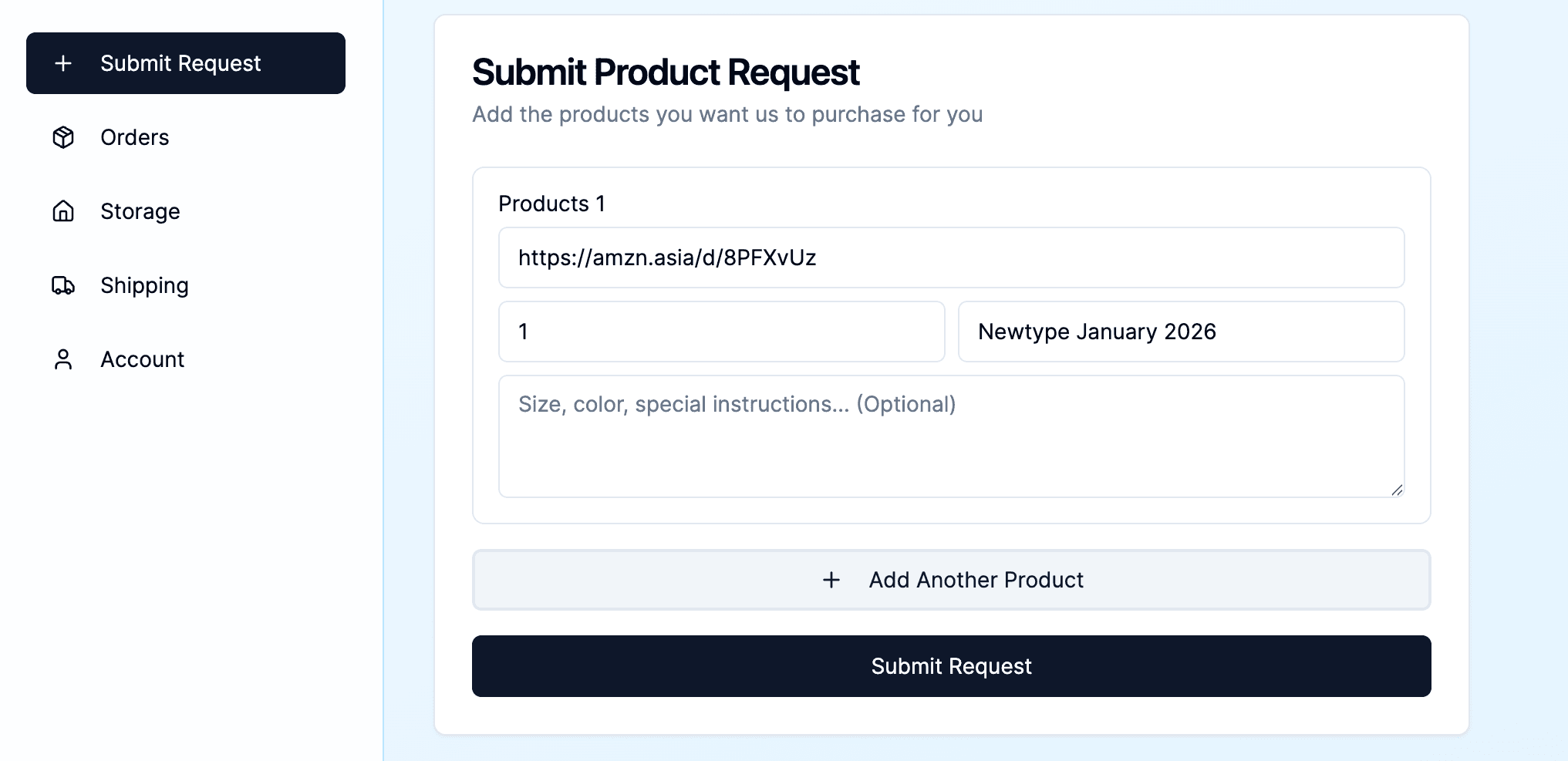 A user interface displaying a product request form with input fields for URL, quantity, and date.