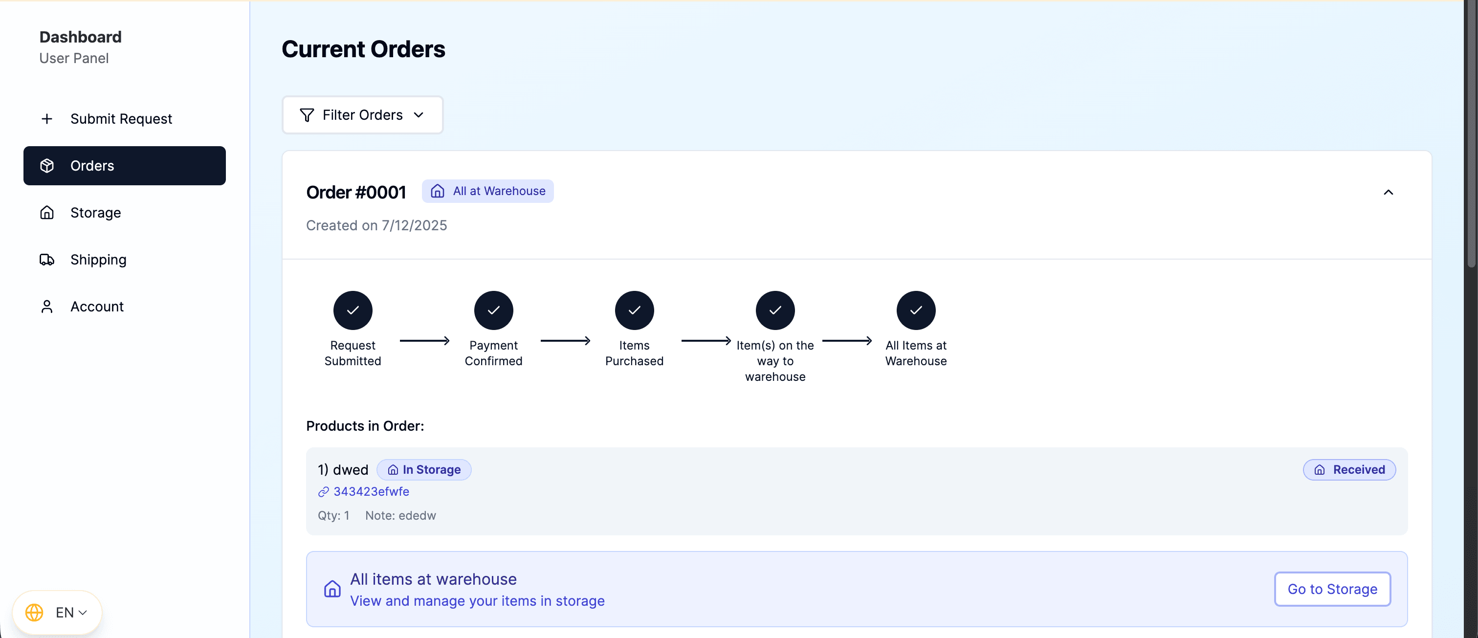 A dashboard displaying current order details with a status timeline and product list.