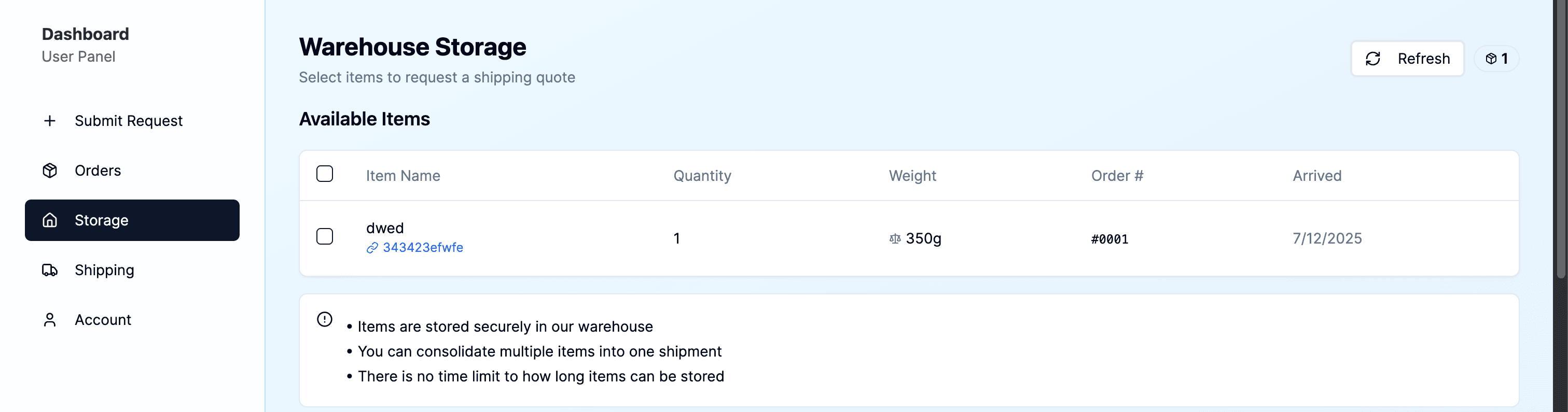 Warehouse Storage dashboard interface showing an item list with Asset details.