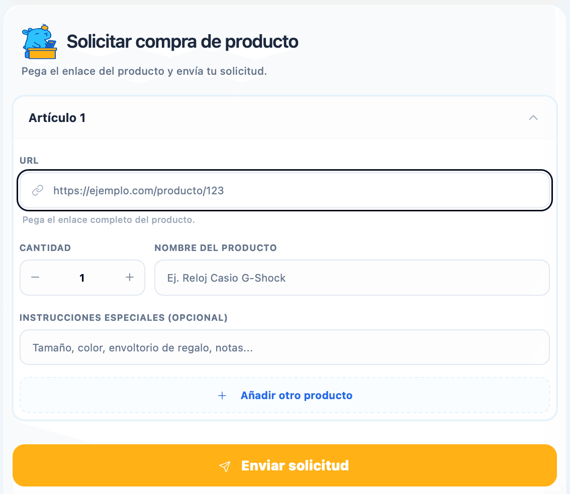 Panel de Aiyu Japan para enviar enlaces de productos japoneses y solicitar una compra