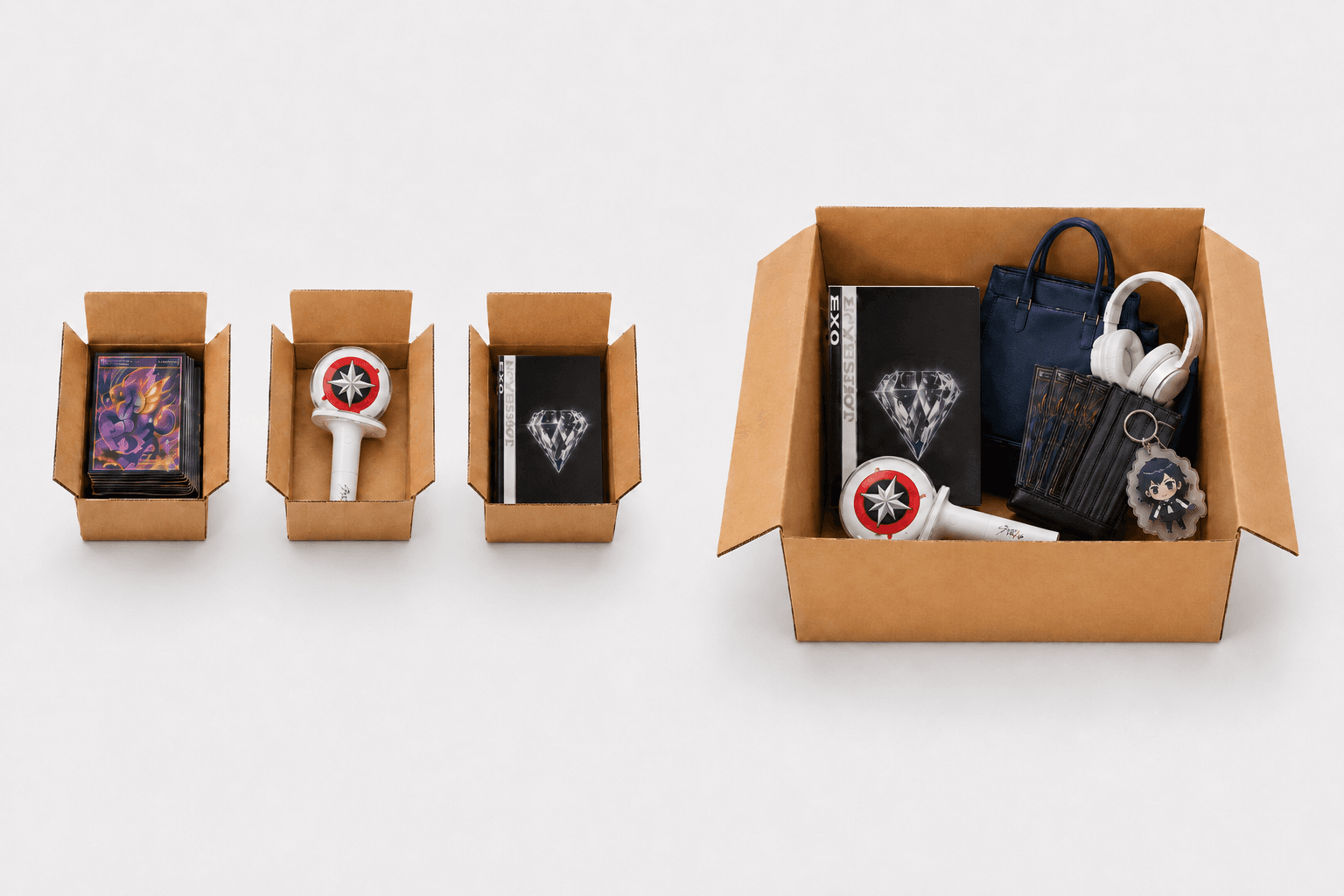 Comparison of separate shipments versus one consolidated package from Japan.