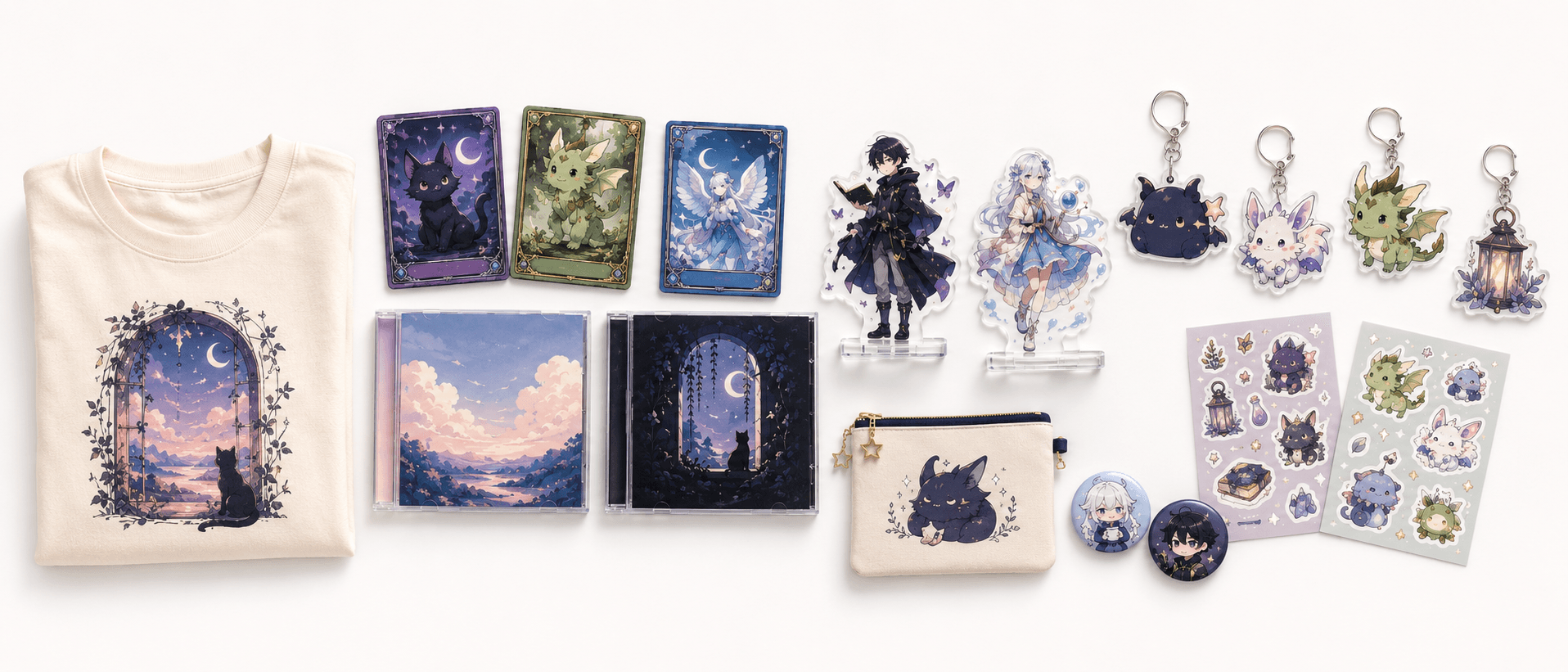 Small Japanese collectibles such as trading cards, CDs, keychains and acrylic stands prepared for package consolidation.