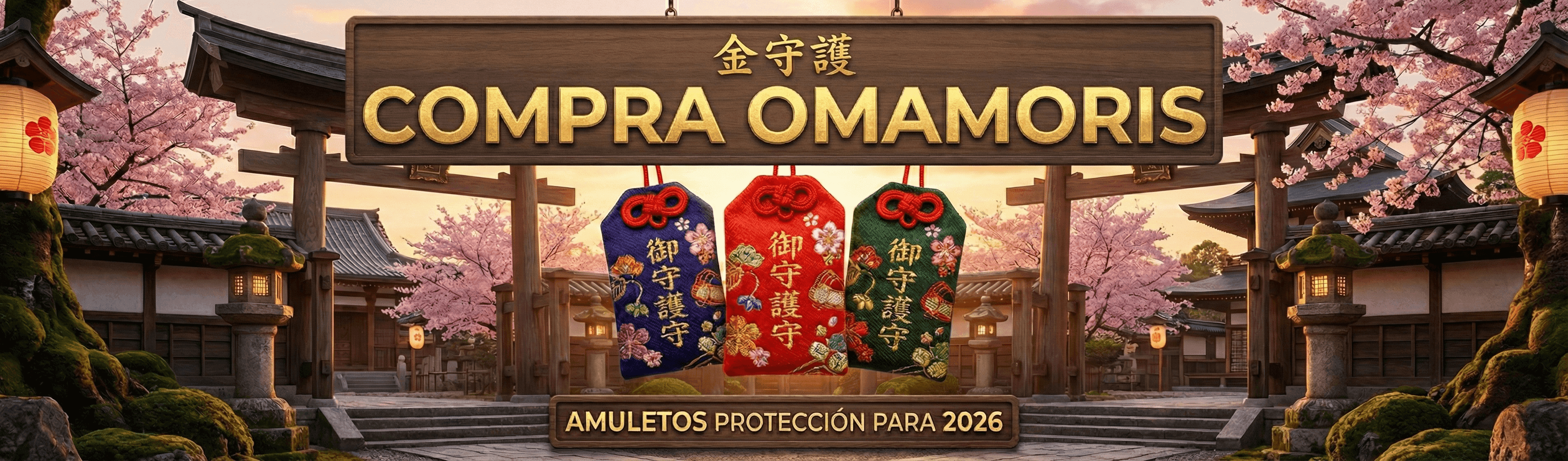 A banner showing a Japanese temple, cherry blossoms, and text that reads "COMPRA OMAMORIS".