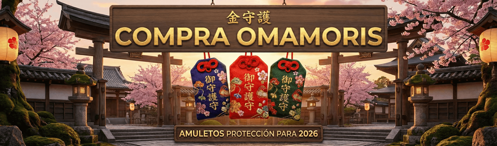 A banner showing a Japanese temple, cherry blossoms, and text that reads "COMPRA OMAMORIS".